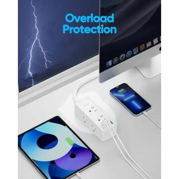 Flat Extension Cord 20ft, Olcorife Flat Plug Power Strip with 6 Outlets 3 USB Ports(1 USB C), 3-Side Outlet Extender Surge Protector for Home Office Dorm Room Essentials, White