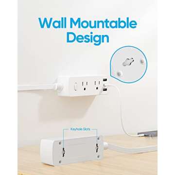 Flat Extension Cord 20ft, Olcorife Flat Plug Power Strip with 6 Outlets 3 USB Ports(1 USB C), 3-Side Outlet Extender Surge Protector for Home Office Dorm Room Essentials, White