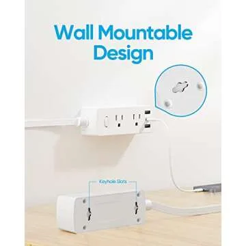 Flat Extension Cord 20ft, Olcorife Flat Plug Power Strip with 6 Outlets 3 USB Ports(1 USB C), 3-Side Outlet Extender Surge Protector for Home Office Dorm Room Essentials, White