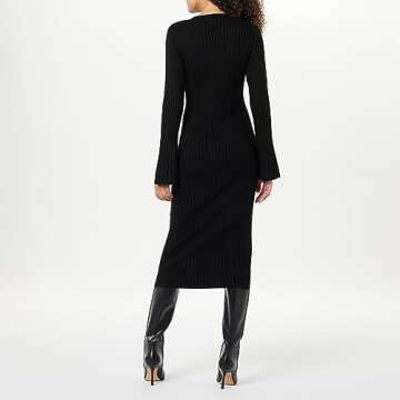 The Drop Women's Fernanda Bell Sleeve Ribbed Sweater Dress Black, M