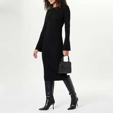 The Drop Women's Fernanda Bell Sleeve Ribbed Sweater Dress Black, M