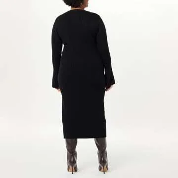 The Drop Women's Fernanda Bell Sleeve Ribbed Sweater Dress Black, M