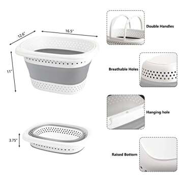 COFSODI Plastic Collapsible Laundry Baskets - 30L(7.9 gallon) Pop Up Laundry Hamper with Reinforced Handle, Portable Organizer 2 Pack, for Laundry Room, College Dorm, Home, Grey