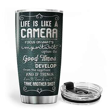 ZOXIX Life Is Like A Camera Tumblers 20oz Photographer Gifts Unique Coffee Cups With Motivational Sayings Insulated Mug For Photographers Cameraman Gift Vintage Print Tumbler