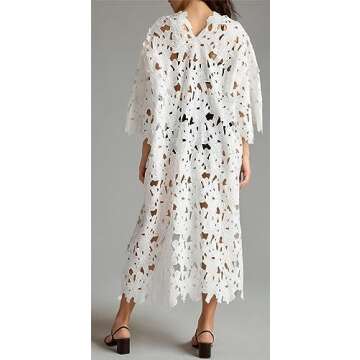 Women's Long Sleeve Lace See-Through Bodycon Sexy Nightclub Party Beach Bikini Cover Up Dress White