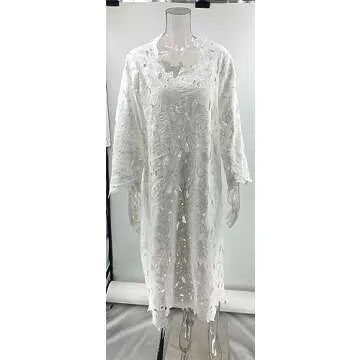 Women's Long Sleeve Lace See-Through Bodycon Sexy Nightclub Party Beach Bikini Cover Up Dress White