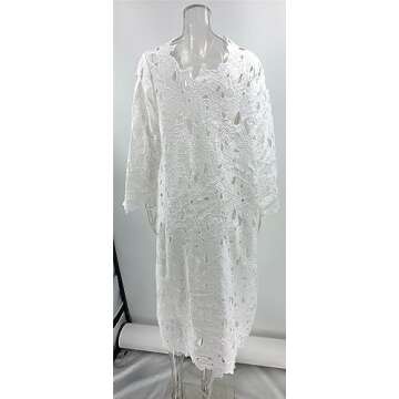 Women's Long Sleeve Lace See-Through Bodycon Sexy Nightclub Party Beach Bikini Cover Up Dress White
