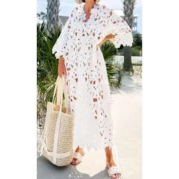 Women's Long Sleeve Lace See-Through Bodycon Sexy Nightclub Party Beach Bikini Cover Up Dress White