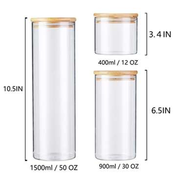 ERISED 6-Pack Glass Jars, Glass Containers with Bamboo Lids, Glass Canisters, Kitchen Canisters for Candy,Cookie,Rice,Sugar,Flour,Pasta,Nuts