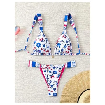 Sexy Floral Print Bikini Set Adjustable Tie Back Swimsuit