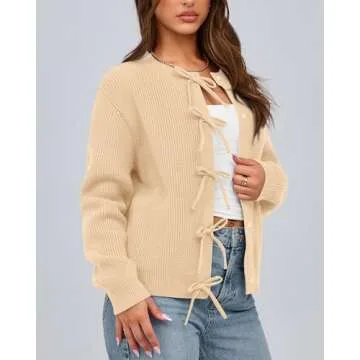 BTFBM Cardigan Sweaters for Women Trendy 2025 Fall Open Front Long Sleeve Button Down Bow Knot Cropped Lady Jacket(Beige, Medium)