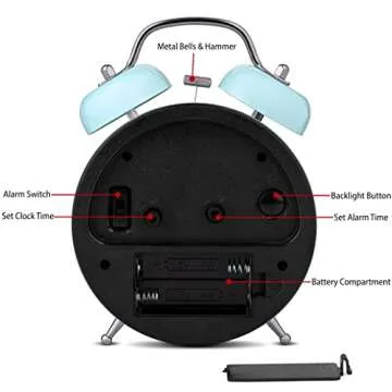 Compact Twin Bell Alarm Clock with Backlight Light Blue