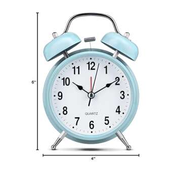 Bernhard Products Analog Alarm Clock 4" Twin Bell Light Blue Silent Non-Ticking Quartz Battery Operated Extra Loud with Backlight for Bedside Desk, Retro (Light Blue)