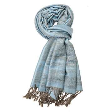 Achillea Elegant Reversible Paisley Pashmina Scarf Wrap Shawl for Evening Dress (Powder Blue)