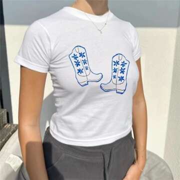 Yuemengxuan Y2k Baby Tee Women Short Sleeve Shirt Graphic Crop Top Cute Fruit T Shirt E Girls Vintage Aesthetic Top Clothes (Blue Boots, S), Small