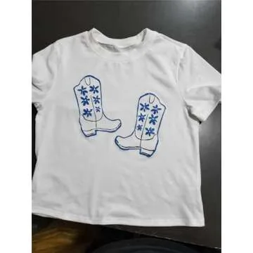 Yuemengxuan Y2k Baby Tee Women Short Sleeve Shirt Graphic Crop Top Cute Fruit T Shirt E Girls Vintage Aesthetic Top Clothes (Blue Boots, S), Small