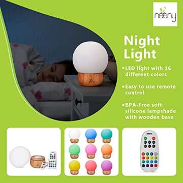 Neeny Night Light for Kids – Silicone & Wood Nightlight for Nursery Decor - 16 Color Remote Control Round LED Table Lamp - Adjustable Brightness & RGB Colors - USB Powered - Cozy Child Bedroom
