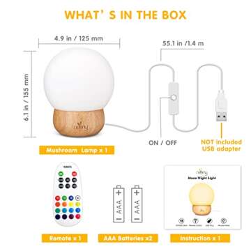 Neeny Night Light for Kids – Silicone & Wood Nightlight for Nursery Decor - 16 Color Remote Control Round LED Table Lamp - Adjustable Brightness & RGB Colors - USB Powered - Cozy Child Bedroom