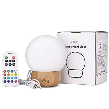 Neeny Night Light for Kids – Silicone & Wood Nightlight for Nursery Decor - 16 Color Remote Control Round LED Table Lamp - Adjustable Brightness & RGB Colors - USB Powered - Cozy Child Bedroom
