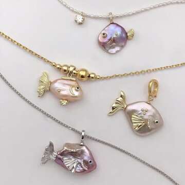 Fish Pearl Necklace for Women Freshwater Pearl Baroque Goldfish Necklace for Mom Daughter, 18k Gold-...