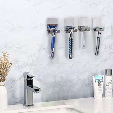 GRUTTI Razor Holder Shaver Hook Hanger Stand, Multi Purpose Self Adhesive Storage Hook, 2 Pack Heavy Duty Razor Holder for Shower Shaving Razor, Keys, Kitchen Utensils, Towel (2-Pack)
