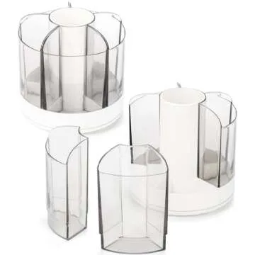 Goaste 2 Pack Pencil Pen Holder, 360-Degree Rotating Clear Makeup Brush Organizer, Desktop Stationery Organizer Caddy with 5 Removable Slots for Brushes, Crayons, Markers, Colored Pencils, White