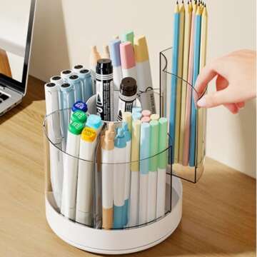 Goaste 2 Pack Pencil Pen Holder, 360-Degree Rotating Clear Makeup Brush Organizer, Desktop Stationery Organizer Caddy with 5 Removable Slots for Brushes, Crayons, Markers, Colored Pencils, White