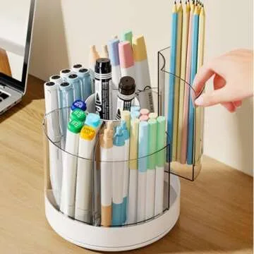 Goaste 2 Pack Pencil Pen Holder, 360-Degree Rotating Clear Makeup Brush Organizer, Desktop Stationery Organizer Caddy with 5 Removable Slots for Brushes, Crayons, Markers, Colored Pencils, White