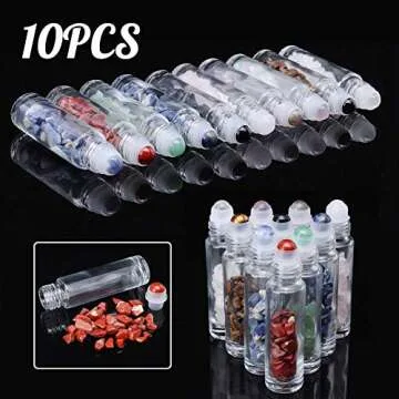 Clear Glass Roller Bottles,10 Pack 10ml 0.33fl oz Gemstone Roller Ball For Essential Oils,Natural Crystal Stones Roller Balls With Silver Lid,Thick Glass Roll on Bottle-Healing Crystal Chips Inside