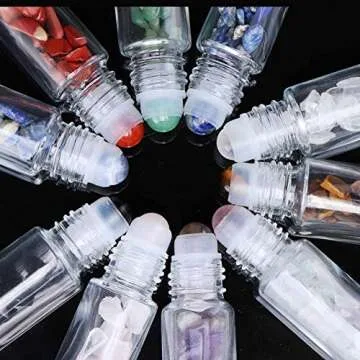 Clear Glass Roller Bottles,10 Pack 10ml 0.33fl oz Gemstone Roller Ball For Essential Oils,Natural Crystal Stones Roller Balls With Silver Lid,Thick Glass Roll on Bottle-Healing Crystal Chips Inside