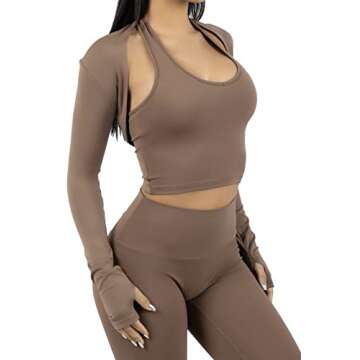 Workout Outfits for Women 3 Piece Brown Set Halter Bra Removable Pads and Shawl with High Waisted Legging No Front Seam (MEDIUM)