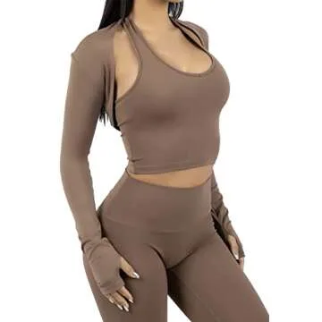 Workout Outfits for Women 3 Piece Brown Set Halter Bra Removable Pads and Shawl with High Waisted Legging No Front Seam (MEDIUM)