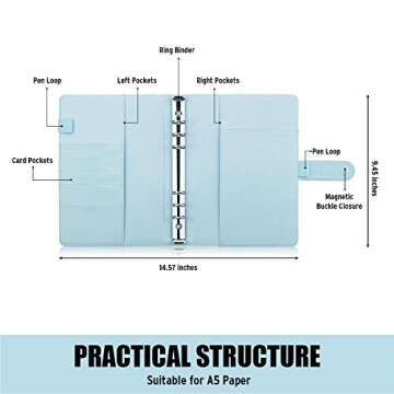 Sooez A5 Notebook Photocard Binder, 6 Budget Binder Ring Planner, Stylish Loose Leaf Personal Organizer Binder Cover with Magnetic Buckle, PU Leather Binder Women with Macaron Colors (Mint Blue)
