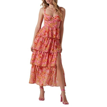 Women Y2k Spaghetti Strap Bodycon Dress Summer Floral Sundress Tiered Ruffle Flowy Midi Beach Boho D...