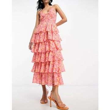 Women Y2k Spaghetti Strap Bodycon Dress Summer Floral Sundress Tiered Ruffle Flowy Midi Beach Boho Dresses(B1- Red,L)