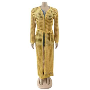Womens Sexy Hollow Out Cover Up for Swimwear Beach Bathing Suit Bikini See Through Long Maxi Cardigan with Belt Yellow M