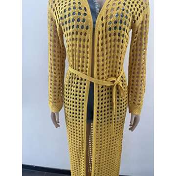 Womens Sexy Hollow Out Cover Up for Swimwear Beach Bathing Suit Bikini See Through Long Maxi Cardigan with Belt Yellow M