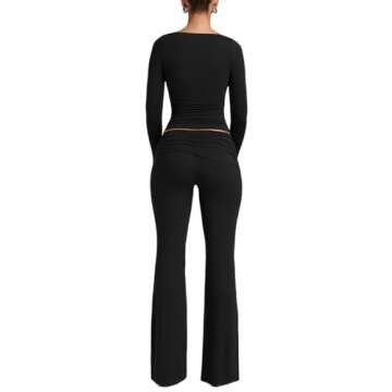Lrady Womens 2 Piece Outfits Lounge Sets Lightweight Long Sleeve Crop Tops Fold Over Flare Pants Tracksuits, Black, Large