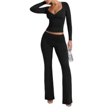 Lrady Womens 2 Piece Outfits Lounge Sets Lightweight Long Sleeve Crop Tops Fold Over Flare Pants Tracksuits, Black, Large