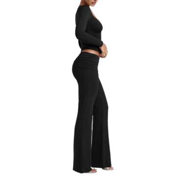 Lrady Womens 2 Piece Outfits Lounge Sets Lightweight Long Sleeve Crop Tops Fold Over Flare Pants Tracksuits, Black, Large
