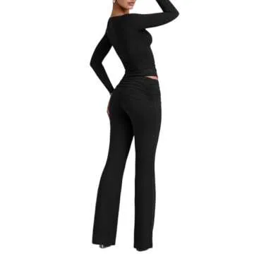 Lrady Womens 2 Piece Outfits Lounge Sets Lightweight Long Sleeve Crop Tops Fold Over Flare Pants Tracksuits, Black, Large