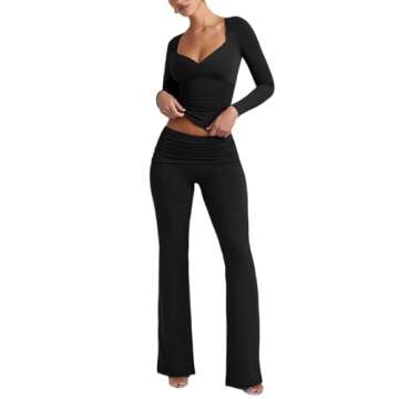 Lrady Womens 2 Piece Outfits Lounge Sets Lightweight Long Sleeve Crop Tops Fold Over Flare Pants Tracksuits, Black, Large
