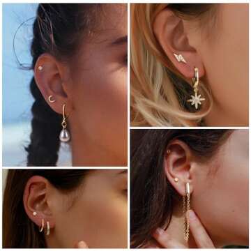 FASACCO 18K Gold Plated Chain Earrings Set: 12Pcs Stainless Steel Hoop, Stud, Pearl, Moon & Star Dangle Earrings for Multiple Piercings