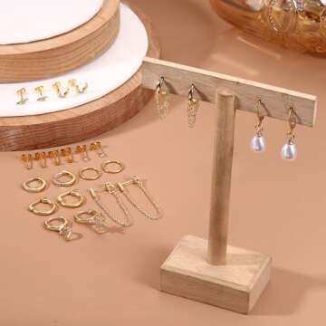 FASACCO 18K Gold Plated Chain Earrings Set: 12Pcs Stainless Steel Hoop, Stud, Pearl, Moon & Star Dangle Earrings for Multiple Piercings
