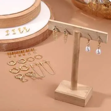 FASACCO 18K Gold Plated Chain Earrings Set: 12Pcs Stainless Steel Hoop, Stud, Pearl, Moon & Star Dangle Earrings for Multiple Piercings