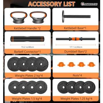 CANMALCHI 6 in 1 Adjustable Dumbbell Kettlebell Barbell Set 44lbs Weight Dumbbells Set,Multifunctional Workout Dumbbells Set for Home Gym Fitness Strength Training Exercise