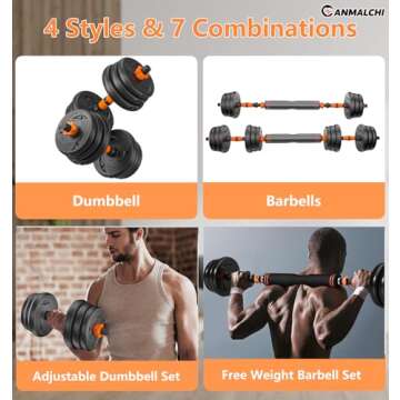 CANMALCHI 6 in 1 Adjustable Dumbbell Kettlebell Barbell Set 44lbs Weight Dumbbells Set,Multifunctional Workout Dumbbells Set for Home Gym Fitness Strength Training Exercise