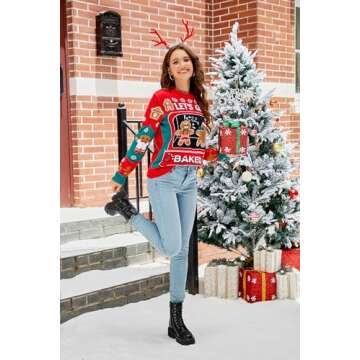 LUBOT Ugly Christmas Sweaters for Women Cute Fuzzy Funny Wintertime and Holiday Parties Knitted Pullover Sweater Gingerbread Man Baked-M