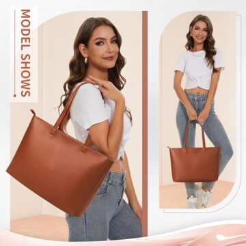 KALIDI Tote Bag Zipper Shoulder Bag Faux Leather Purses Satchel for Women Large Casual Handbag Work Dating College, Brown