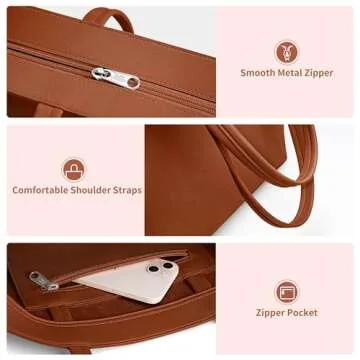 KALIDI Tote Bag Zipper Shoulder Bag Faux Leather Purses Satchel for Women Large Casual Handbag Work Dating College, Brown